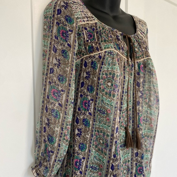 American Eagle Tie Front Printed Long Sleeve Boho Sheer Light Blouse Size XS - Picture 3 of 8